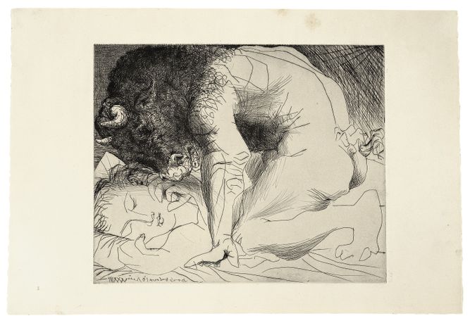 Minotauro acariciando con el hocico la mano de una mujer dormida